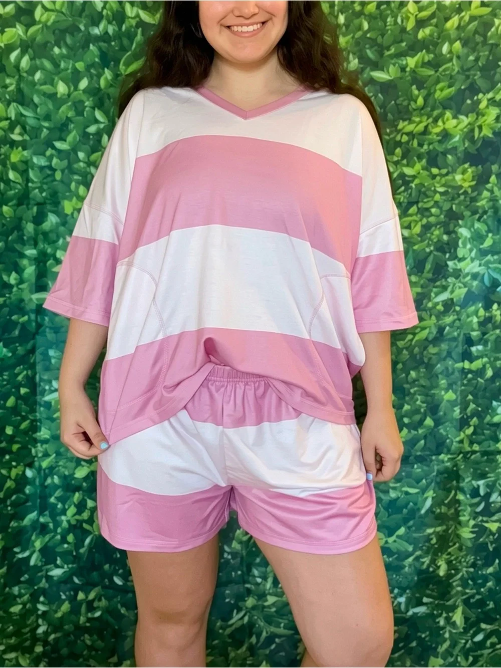 Women's Pink & White Striped Lounge Set - Relaxed Shorts Matching Set